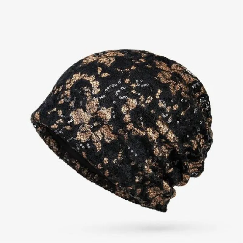 Seioum Women's Slouchy Beanie Summer Beanies For Women Thin Lace Flower Knitted Cap Female Breathable Skullies Gorros Sequin New