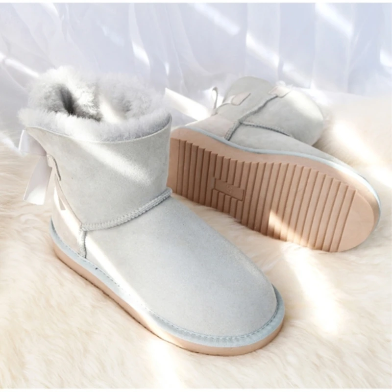 G& Zaco/Роскошные зимние ботинки из натуральной шерсти; женские ботинки из натуральной овечьей кожи; ботинки на овечьем меху; зимние женские ботинки на плоской подошве с милым бантом