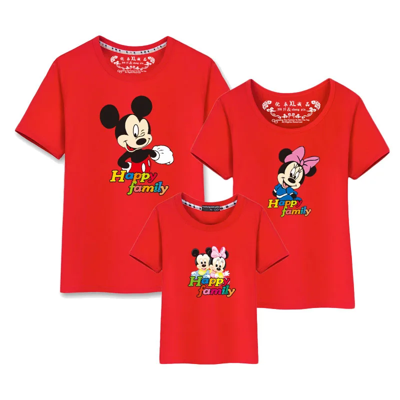 Модная летняя футболка в полоску с короткими рукавами и рисунком Микки Мауса; хлопковая Одинаковая одежда для семьи; хлопковая одежда для мальчиков и девочек - Цвет: Red