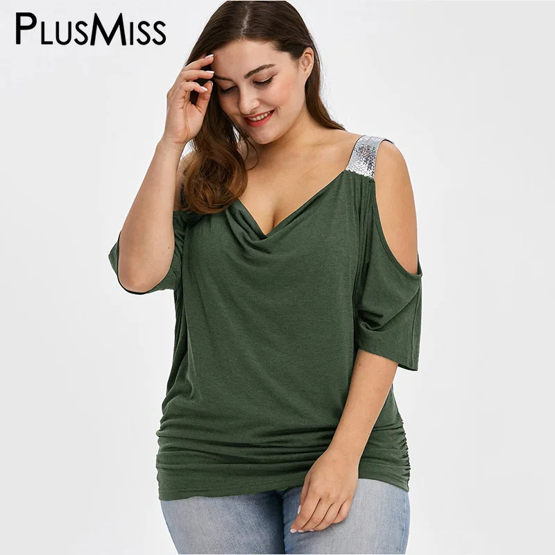 green PlusMiss размера плюс 5XL сексуальная с открытыми плечами и отделкой пайетками Футболка женская одежда большой Размеры вечерние T рубашка, рубашка для девушек, топы, блузы, летние футболки - Цвет: green
