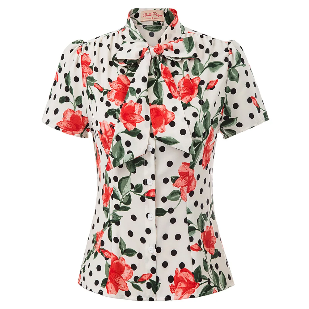 Bow Knot Tops Blouse Casual Turtle neck Tie front Women Short Sleeve Stand collar Button Belle Poque |