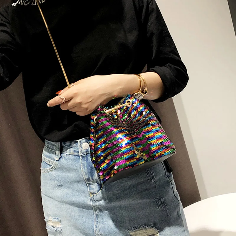 

New Style Women Glitter Reversible Sequins Shoulder Bag Small Drawstring Bucket Chain Handbag