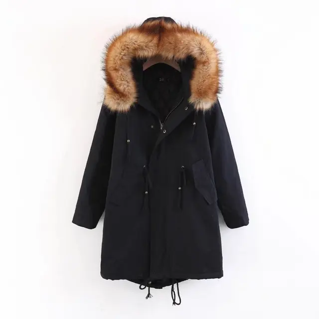 $US $91.80 New Long European American Style Large Size Jacket Slim Cotton Coat Female Large Fur Collar Long Thick Hooded Parker Winter Coat