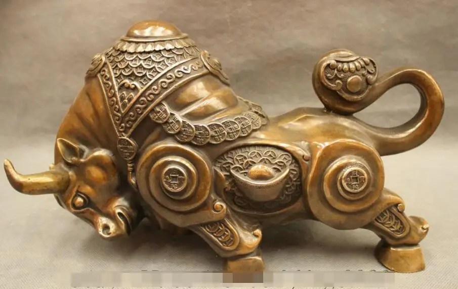 

S01209 13" Chinese Year Zodiac Bronze Copper Wealth Coin RuYi Fighting Bull Ox Statue B0403