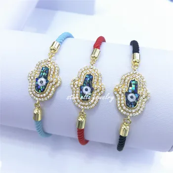 

10pcs/lot Rope Bracelets Micro Pave AAA White CZ Black Abalone Fatima Hamsa Hand Pulsera Bracelet Women Jewelry Joyeria
