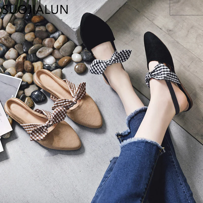 

SUOJIALUN 2019 Spring Women Flat Mules Bowknot Pointed Toe Flat Woman Outdoor Slides Sandal Casual Slip On Mules Flip Flops