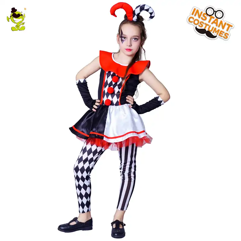 Girls Evil Jester Costume Scary Harlequin Clown Halloween Costume Fancy Dress