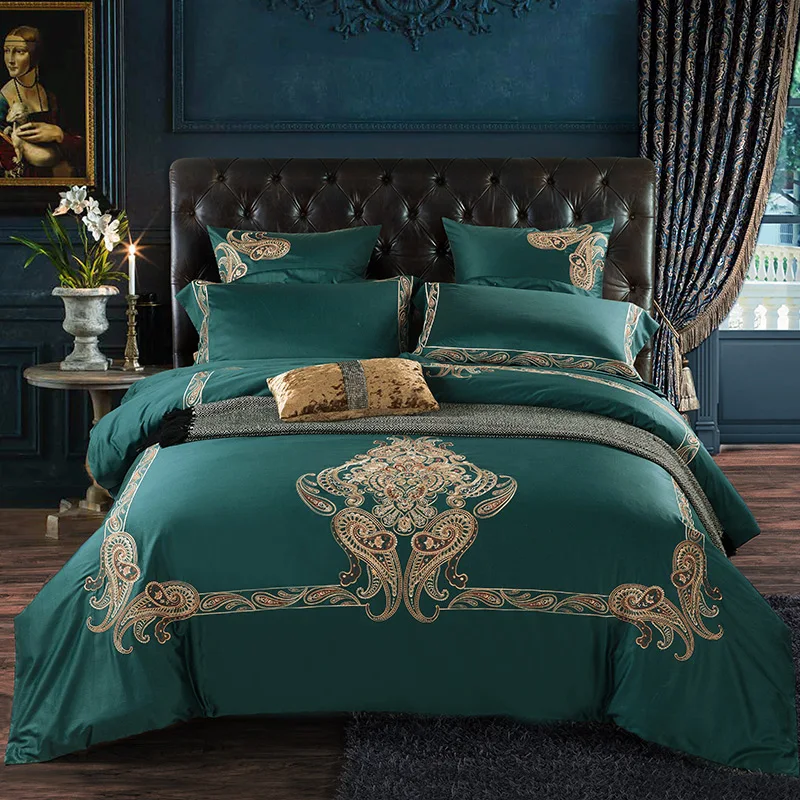 

KELUO Hot Sale100% Egyptian Cotton High-Quality 60s Satin Fabric Luxury 5 star Hotel Royal Bedding set Embroidery Treasure Blue