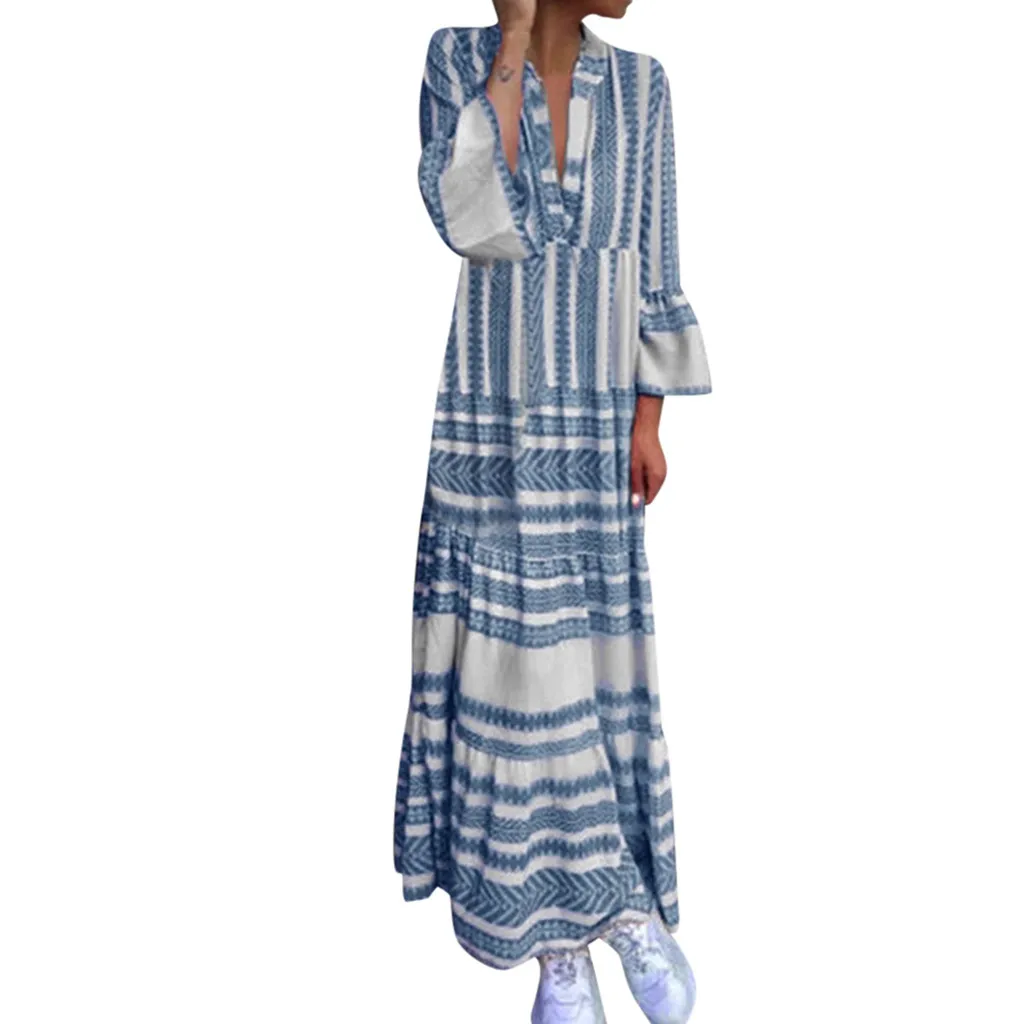 

JAYCOSIN Summer Dress Women V-Neck Printed Long Flare Sleeve Dress Women Plus Size Bohemian Maxi Dress Long vestidos 19JUN6