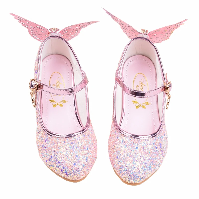 Новая высококачественная детская одежда для девочек на высоком каблуке; детская обувь для танцев бабочка с украшением в виде кристаллов туфли с крыльями Весенняя детская обувь принцессы, туфли с блестками 17N1120