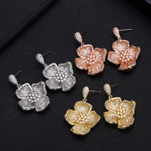 Модные роскошные цветочные цветущие серьги для женщин, свадебные кубические циркония, Кристалл Африка Дубай, золотые свадебные серьги