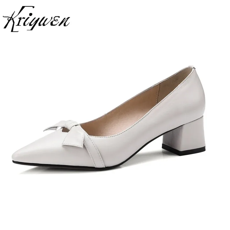 

2018 New Arrival Spring Office Lady Pumps comcise genuine leather Women shallow shoes thick high heeled Femmes pumps Size 33-40
