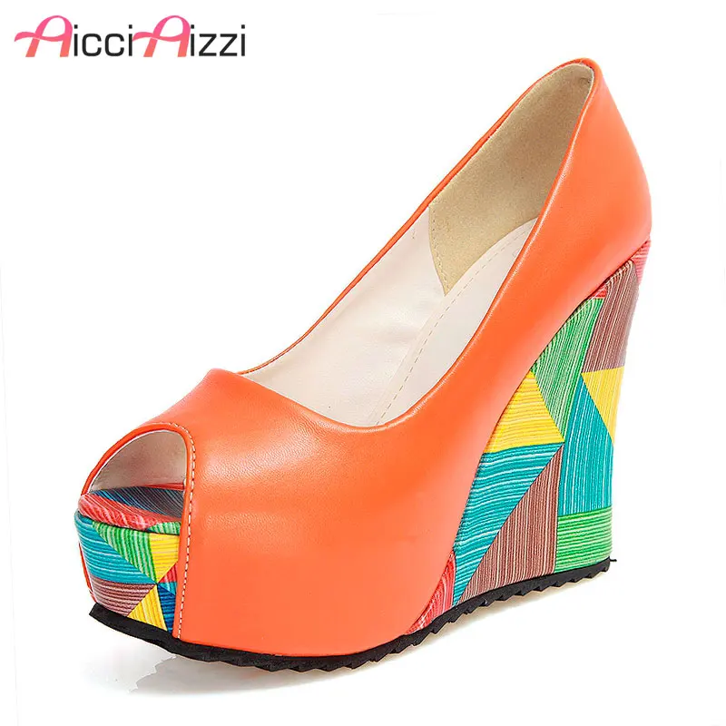 

AicciAizzi Office Ladies High Wegdes Shoes Woman Print Peep Toe Wedges Pumps Party Club Daily Shoes Women Footwear Size 34-40