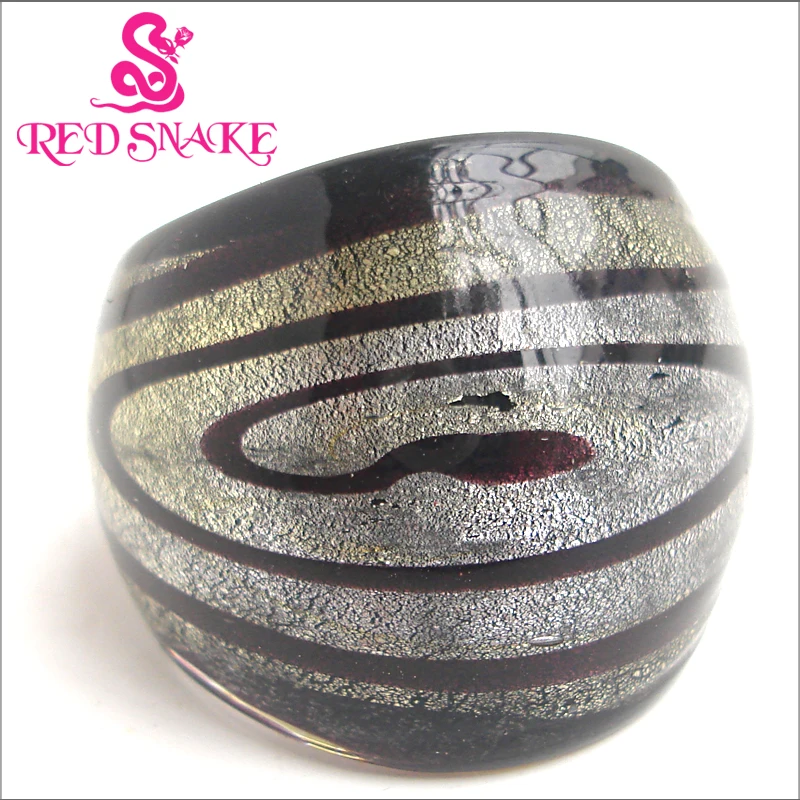 

RED SNAKE Fashion Ring Handmade silver foil with Black Cosmic Nebula line Murano Glass Rings