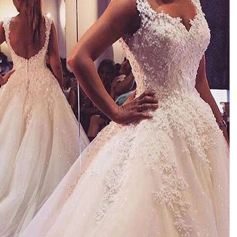 

robe de marriage Vintage Lace Pearls Ball Gown Wedding Dresses 2016 Beaded Backless Luxury Wedding Gowns brautkleid trouwjurk