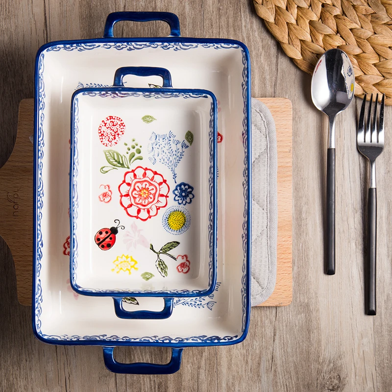 Household Tableware Clay Baking Oven Plate Rectangular Binaural Ceramic Tray Retro Nordic Style Tray