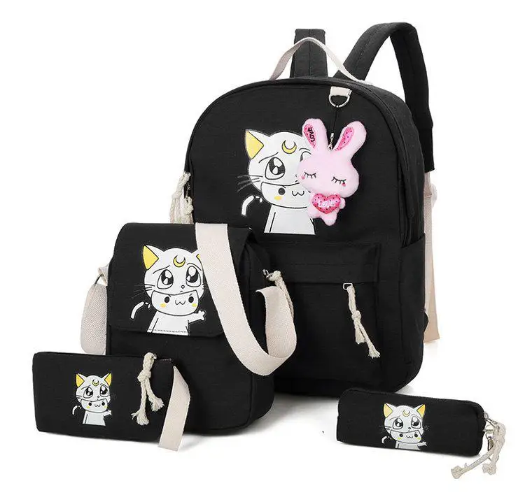 

Cartoon Print Four Piece Set School Portfolio School Bag For Teenahe Girls Casual Backpack Fashion Canvas Portfolio School Bags