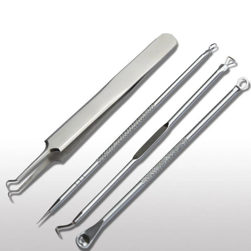 Shellhard 4pcs/Set Silver Blackhead Extractor Needle Tweezer Comedone Acne Pimple Blackhead Extractor Remover Tools Kit