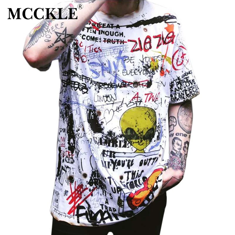 Hip Hop Graffiti Spring Men's T Shirt Hand Painted O Neck Cool Short