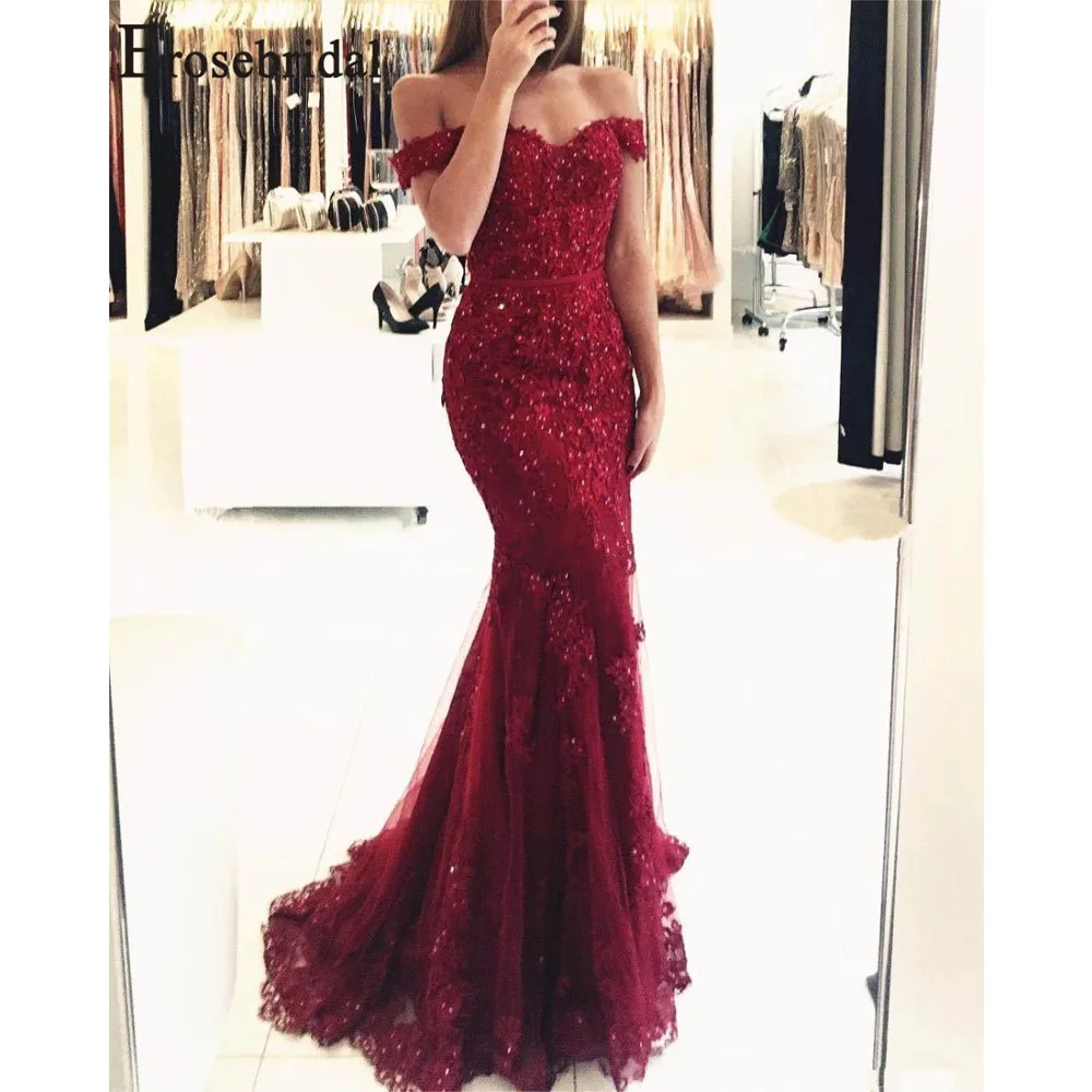 

Erosebridal Off the Shoulder Long Dress Mermaid Evening Dress 2019 Lace Robe De Soiree longue Formal Dress abiye gece elbisesi