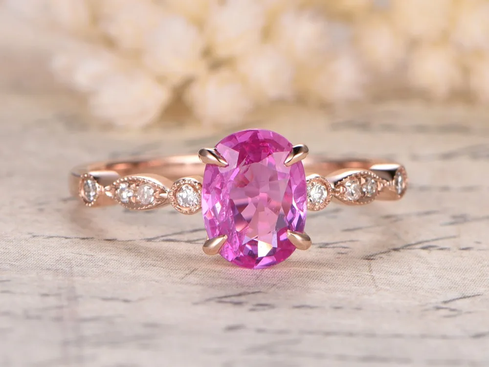 

MYRAY 14k Rose Gold Natural 6x8mm Oval Pink Sapphire Genuine Gemstone Wedding Ring Antique Vintage Engagement Rings for Women