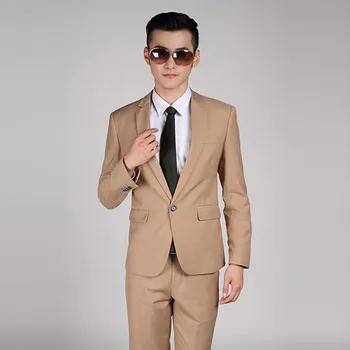 

(Jacket+Pants) 2020 High Quality Men Khaki Suit Wedding Dress Groom Prom Party Suits Set Mens Business Casual Suit Terno Noivo