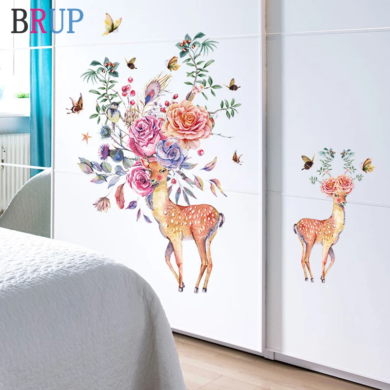 

Colorful Flower Deer Wall Stickers Butterfly Home Decor Wardrobe Decoration Animals Art Wallpaper DIY PVC Vinyl Wall Decals