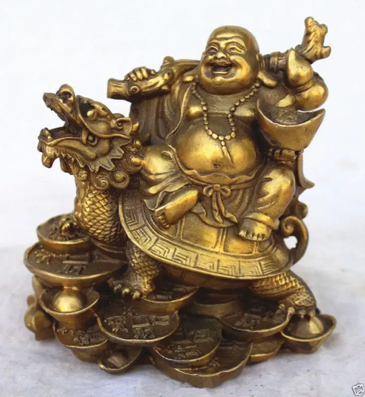 

Chinese Copper Wealth Money Happy Laugh Maitreya Buddha On Dragon Turtle Statue