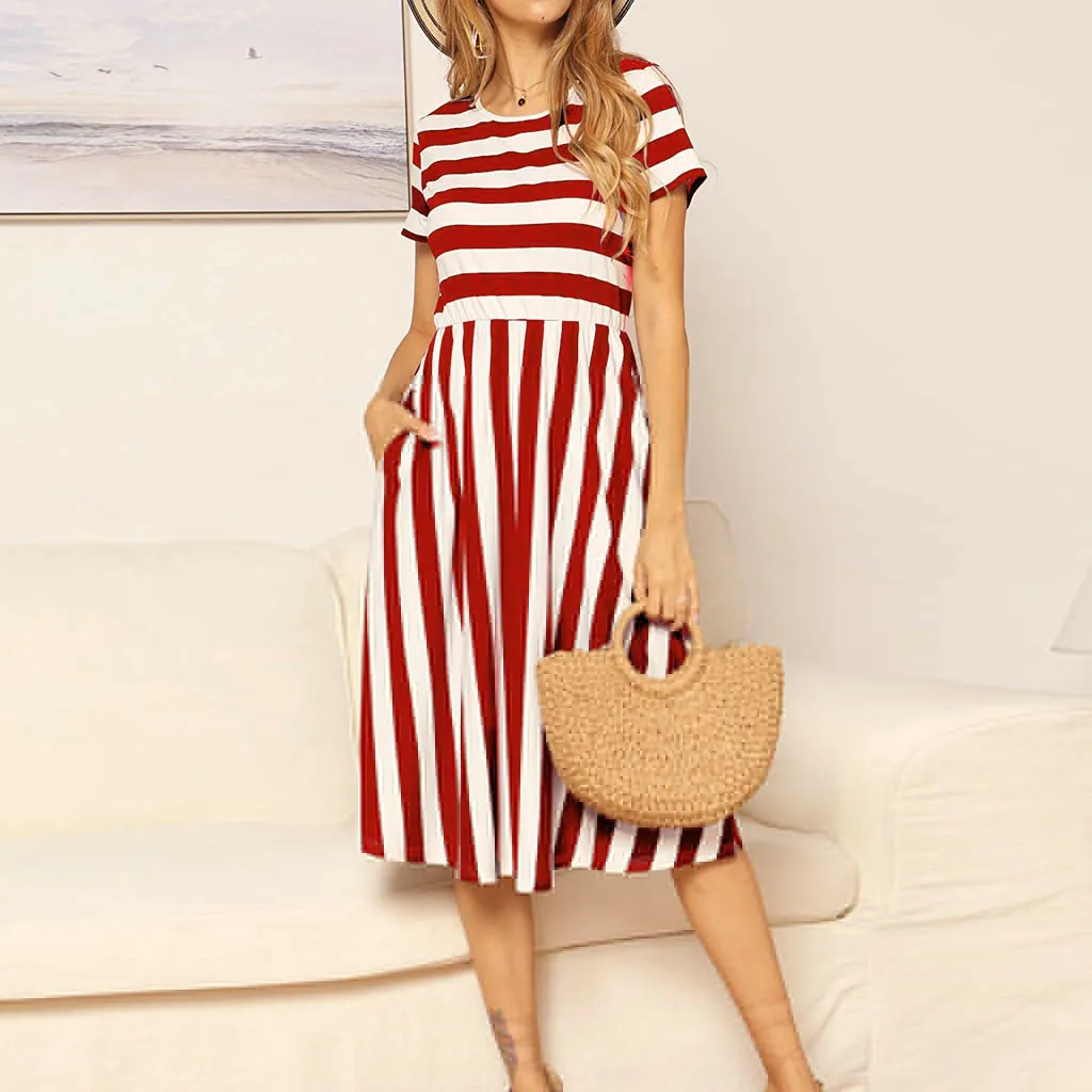 

2019 Summer Fashion Women Boho Dress Casual Short Sleeve Striped Print Dress Loose Sundress Ladies Swing Midi Dress Vestidos