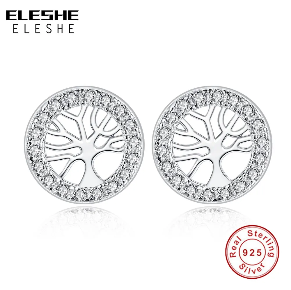 ELESHE 925 Sterling Silver Family Tree Stud Earrings with Crystal Zirconia For Women Wedding Earring Sterling Silver Jewelry