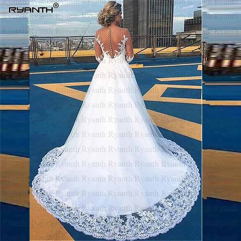 Robe de mariage к требованиям заказчика; сверкающие; Чистая Иллюзия с длинными рукавами, пуговицами сзади Vestido de noiva Принцесса Кружева бальное