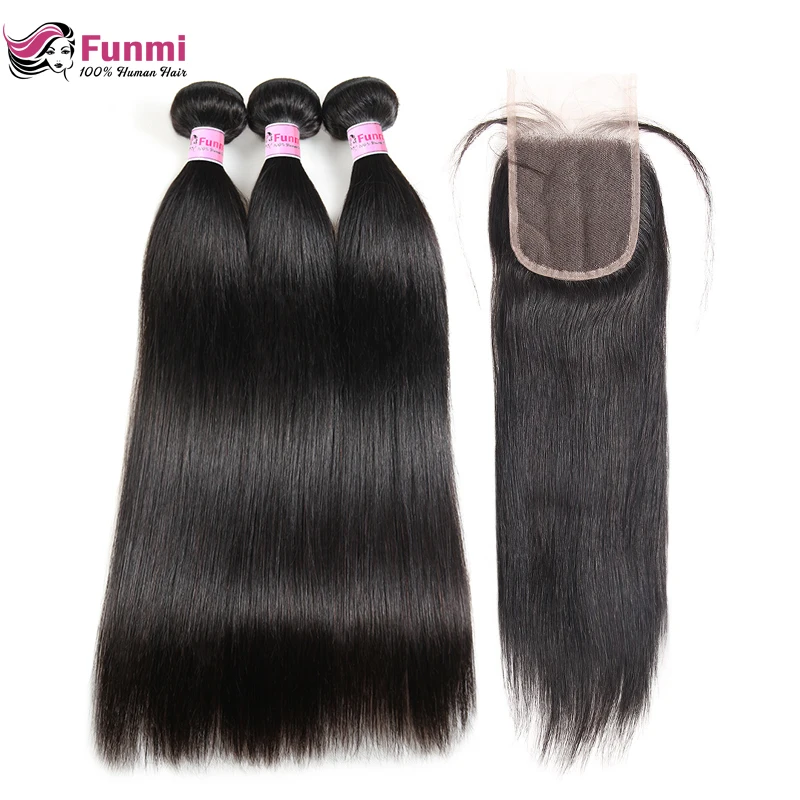 

Funmi Brazilian Straight Hair Bundles With Closure Free/Middle/Three Part Human Hair Bundles With Closure 3 Bundles With Closure