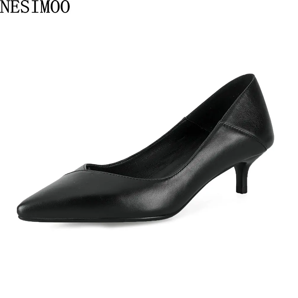 

NESIMOO 2019 Women Shoes Genuine Leather Med Heel Dress Office Pointed Toe Solid Elegant Concise Spring Autumn Casual Size 34-39