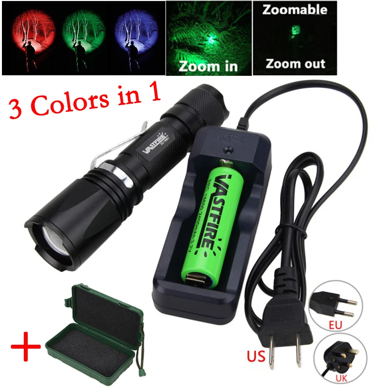 

Tactical Hunting Flashlight 3X XPE LED Zoomable Night Vision Tracker Hunter Light Adjustable 3 Colors in 1 Green Red UV Torch