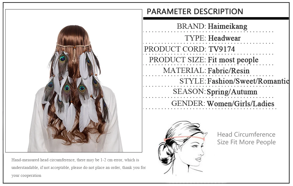 Haimeikang Boho цвета повязка на голову с перьями праздничные волосы Очелье головные уборы Племенной хиппи Павлин перо повязка для волос