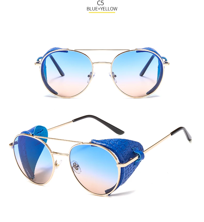 Винтаж стимпанк кожаный экран солнцезащитные очки для мужчин модные металлические круглые солнцезащитные очки для женщин градиентные очки UV400