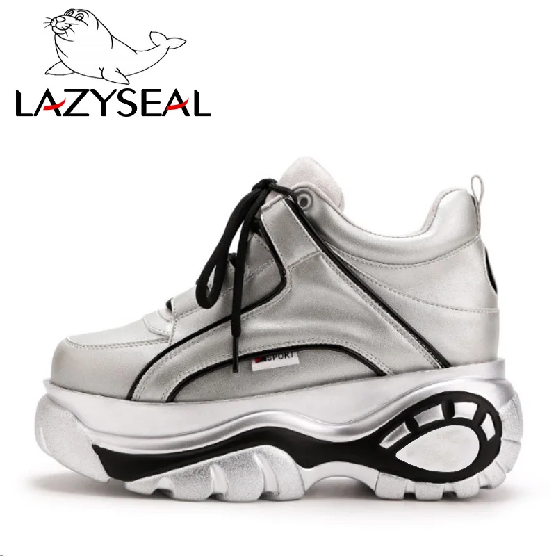 LazySeal/обувь на платформе женские ботинки весенние спортивные ботинки, увеличивающие рост, ультра-светильник женская обувь на толстой подошве, на шнуровке, на высоком каблуке - Цвет: Silver