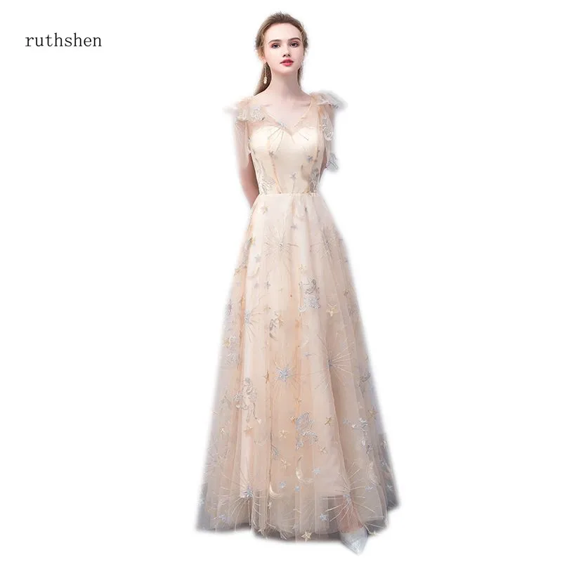 

ruthshen V-Neck Light Champagne Special Occasion Gowns A-Line Ruched Sleeves Lace Vestido De Festa Curto Long Prom Dresses
