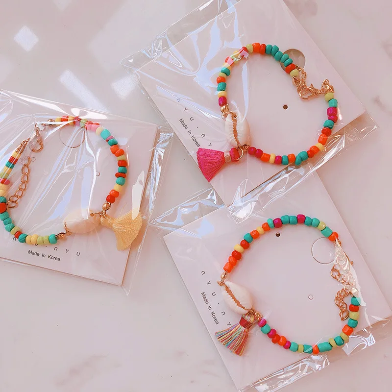 Hot Sell Colorful Tassel And Shell Charms Rubber Beaded Bracelet Femme Handmade Boho Bracelet For Women DIY Making Jewelry Gift