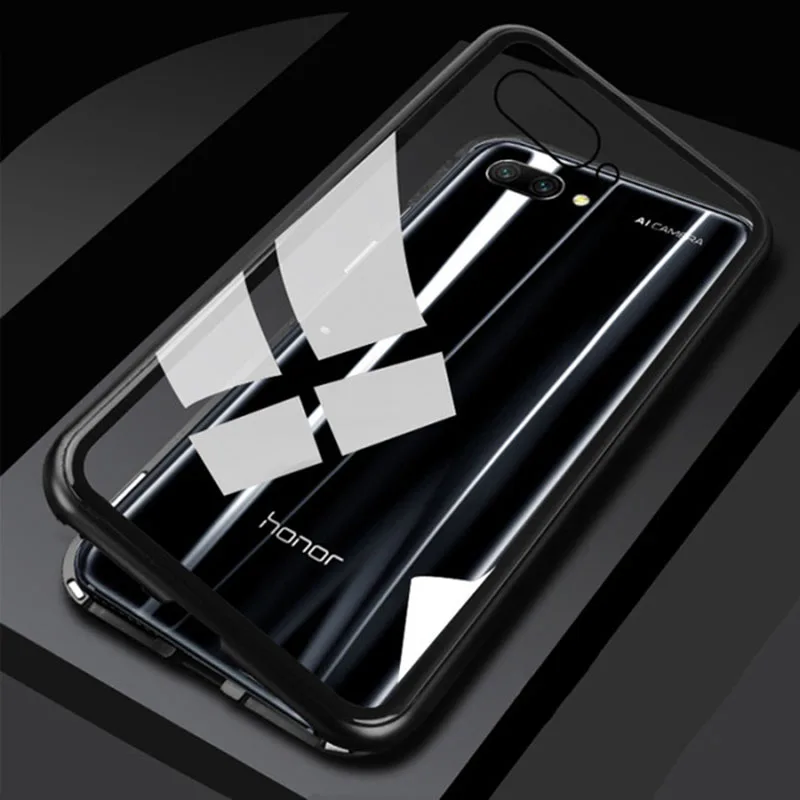 Магнитный адсорбционный металлический чехол для Huawei Honor 10 Lite Coque Funda магнит закаленное стекло задняя крышка на Honar Honer 10 Light - Цвет: Black