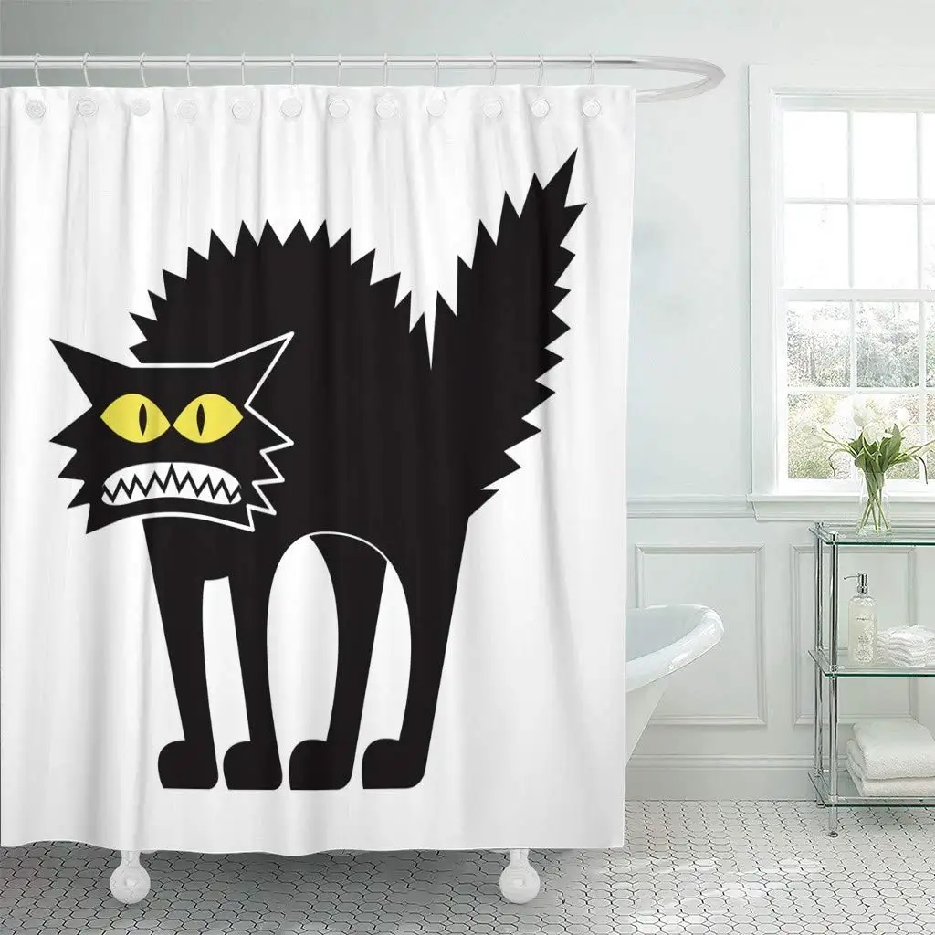 Halloween Shower Curtain set Black Cat With Star And Full Moon Bathroom Curtain