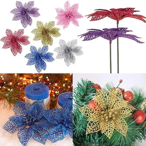 

6inch Hollow Wedding Party Christmas Flowers Xmas Tree Decoration Poinsettia Artificial Decorations Festive