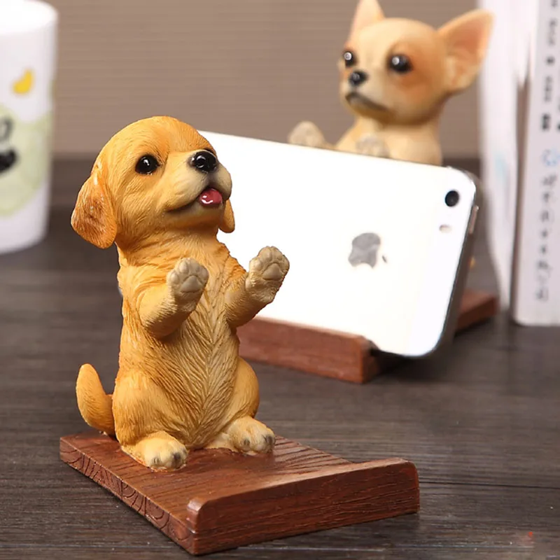 Universal Cell Phone Holder Wood Grain Resin 3D Animal Cute Pet Smart Dog Desk Decor Stand Bracket