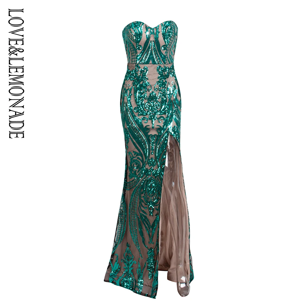 Love& Lemonade сексуальное платье без бретелек с вырезами и геометрическим узором с блестками облегающее платье макси LM81342-2-зеленое