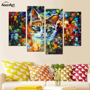 

4 Panel Wall Art Colorful Cat Kitty Painting Canvas Painting Modern Print Animal Picture Home Decoration Ready to Hang