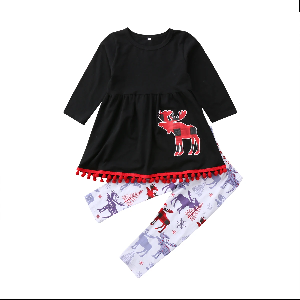 Casual Toddler Kids Girls Christmas Moose Dress Tops Pants Outfits Set