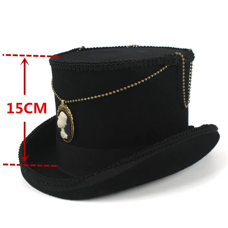 15 см черный топ шляпа шерсть для женщин и мужчин стимпанк фетровая шляпа с ручной работы волшебный Косплей вечерние шляпа-цилиндр Прямая поставка