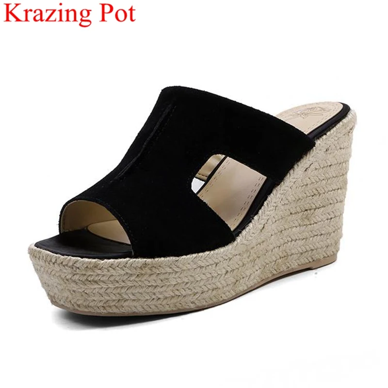 

2018 new arrival peep toe slingback platform cow suede wedges women sandals slip on mules high heels holiday summer shoes L03