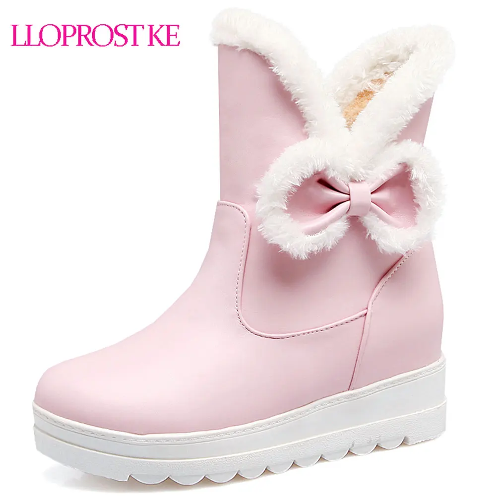 

Lloprost ke Sweet Pink Blac Thick Fur Wedges Platform Bowtie Snow Boots Plus Size Ladies Lolita Shoes Ankle Boots for Women D470