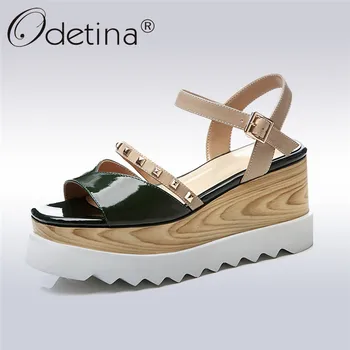 

Odetina New Fashion Cow Leather Sweet Platform High Heels Sandals Women Square Open Toe Rivet Band Ankle Strap Shoes Summer